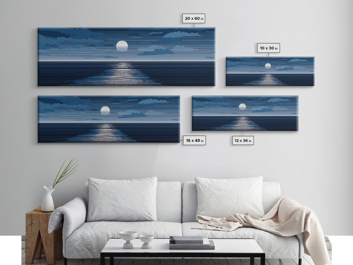Blue Moonlit Ocean Horizon Wall Art, Mid Century Modern Seascape Print, Navy Coastal Decor, Serene Bedroom Artwork, Living Room Art