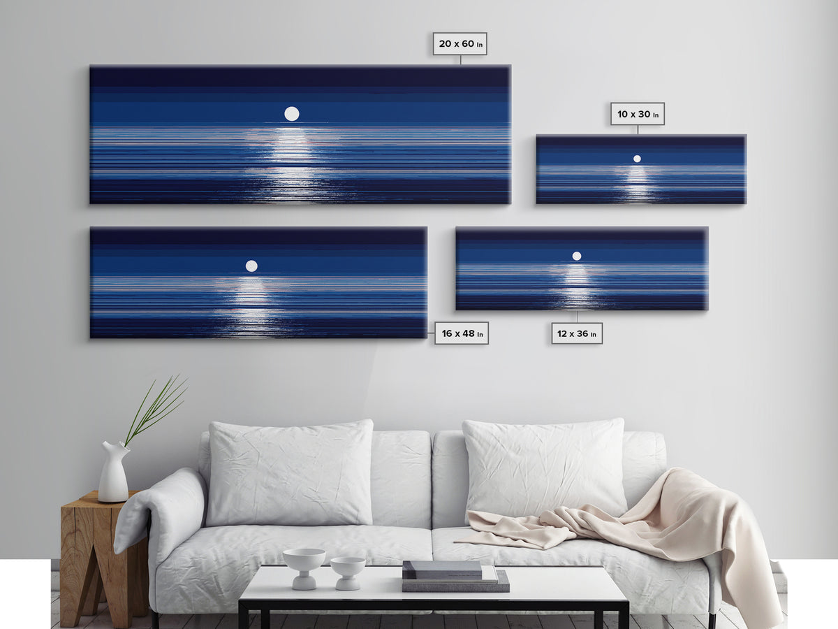 Full Moon Ocean Reflection Canvas Print, Modern Blue Seascape Wall Decor, Coastal Bedroom Art, Serene Living Room Artwork