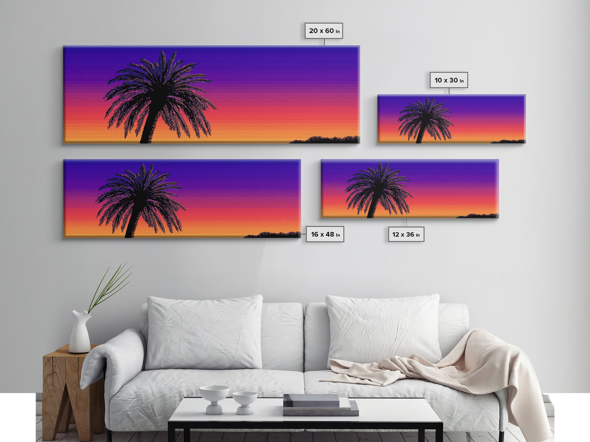 Vibrant Double Palm Sunset Framed Canvas Print, Retro 70s Wall Decor, Tropical Palm Springs Art, Colorful Bedroom Poster