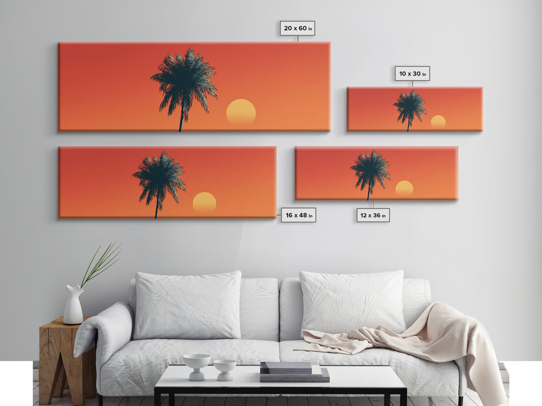 Orange Palm Silhouette Sunset Canvas Print, Mid Century Modern Tropical Wall Decor, Warm Coastal Art, Palm Springs Home Decor