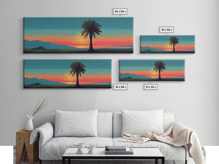 Grainy Palm Mountain Sunset Wall Art, Retro California Landscape Print, Teal Orange Mid Century Decor, Tropical Living Room Art