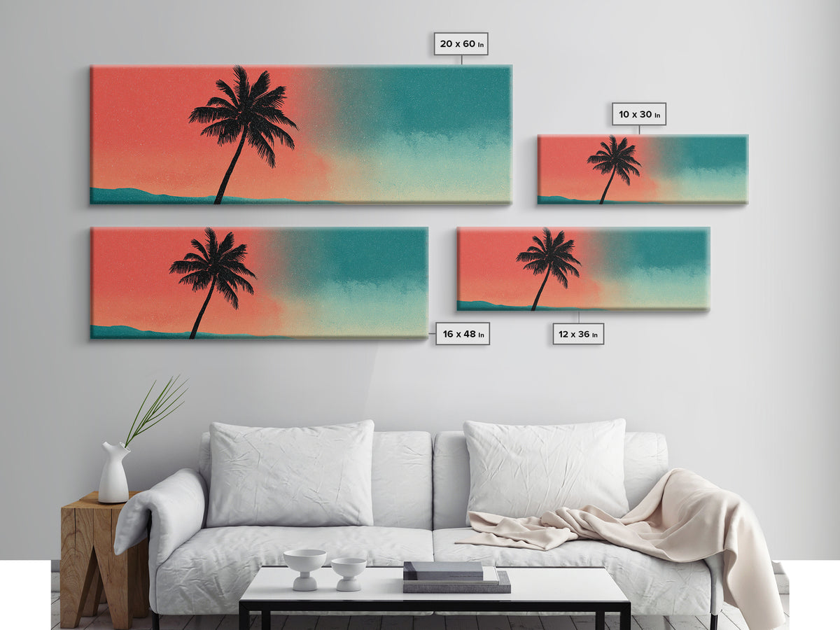 Leaning Palm Teal Coral Sky Wall Art, Retro Desert Landscape Print, Mid Century Modern Decor, Tropical California Poster