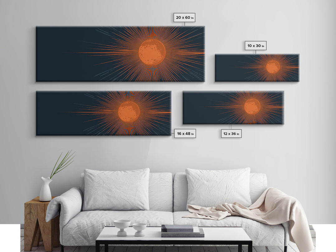 Orange Radiant Sunburst Wall Art, Atomic Mid Century Modern Print, Dark Navy Geometric Decor, Bold Solar Living Room Poster