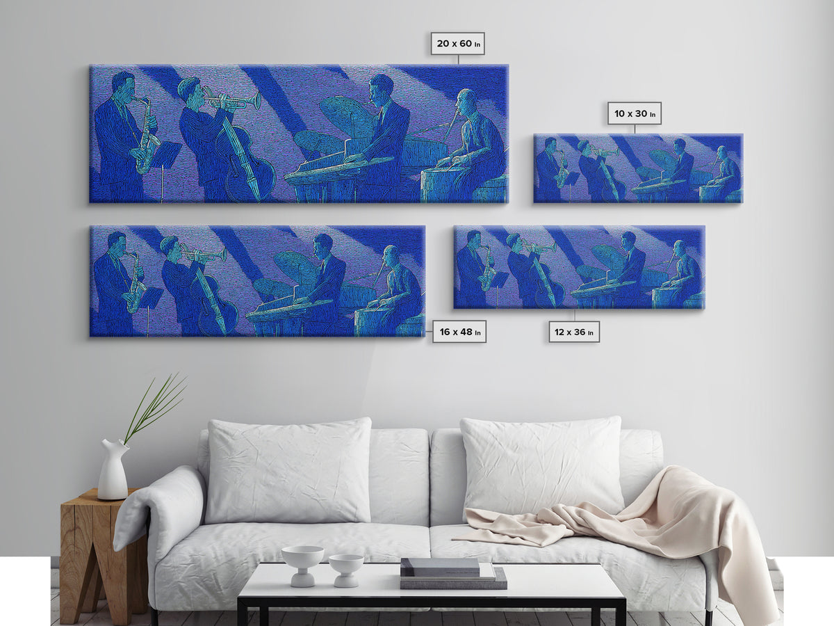Blue Textured Jazz Ensemble Canvas Print, Modern Wall Art, Midcentury Music Poster, Cool Retro Living Room Home Office Decor