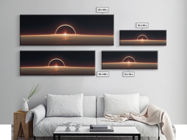 Futuristic Eclipse Horizon Framed Canvas Print, Sci Fi Planet Sunrise Wall Decor, Modern Space Art, Cinematic Living Room Poster