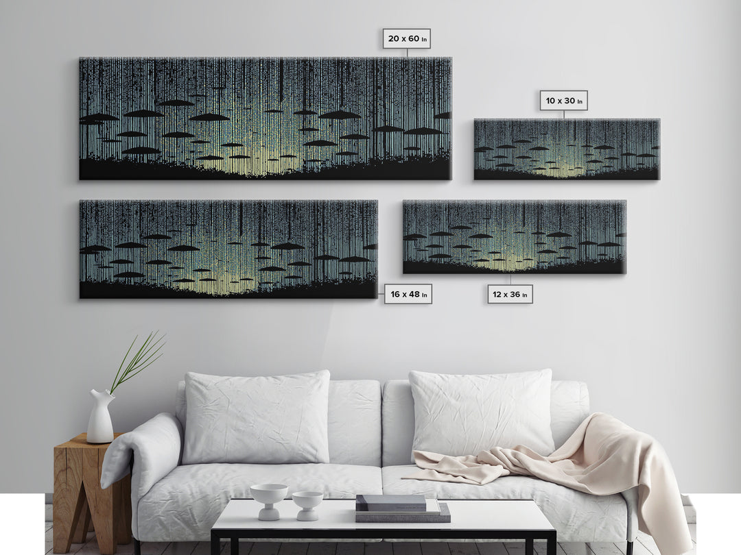 Blue Rain Umbrella Wall Art, Retro Illustration, Atmospheric Modern Art Print, Moody Bedroom Decor And Office Wall Decor
