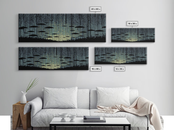 Blue Rain Umbrella Wall Art, Retro Illustration, Atmospheric Modern Art Print, Moody Bedroom Decor And Office Wall Decor