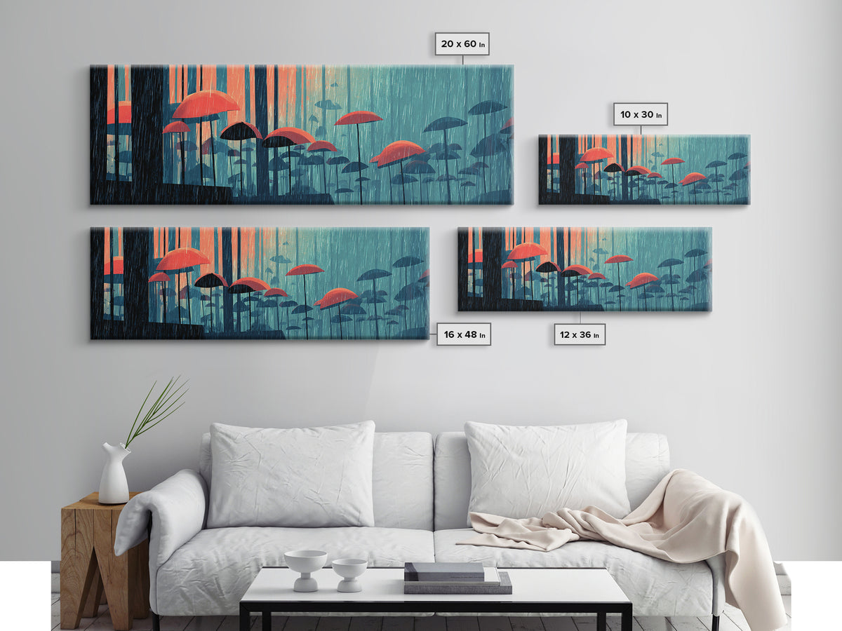 Teal Forest Umbrella Wall Art, Rainy Modern Art Print, Coral Blue Retro Decor, Atmospheric Living Room Canvas Print Gift