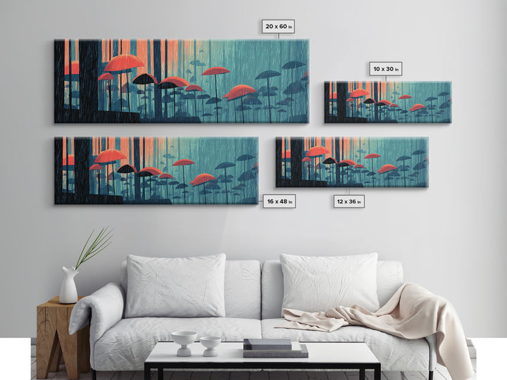 Teal Forest Umbrella Wall Art, Rainy Modern Art Print, Coral Blue Retro Decor, Atmospheric Living Room Canvas Print Gift