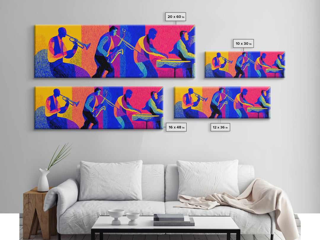Bold Neon Jazz Band Canvas Print, Colorful Wall Art, Midcentury Modern Music Poster, Pop Art Funky Retro Living Room Decor