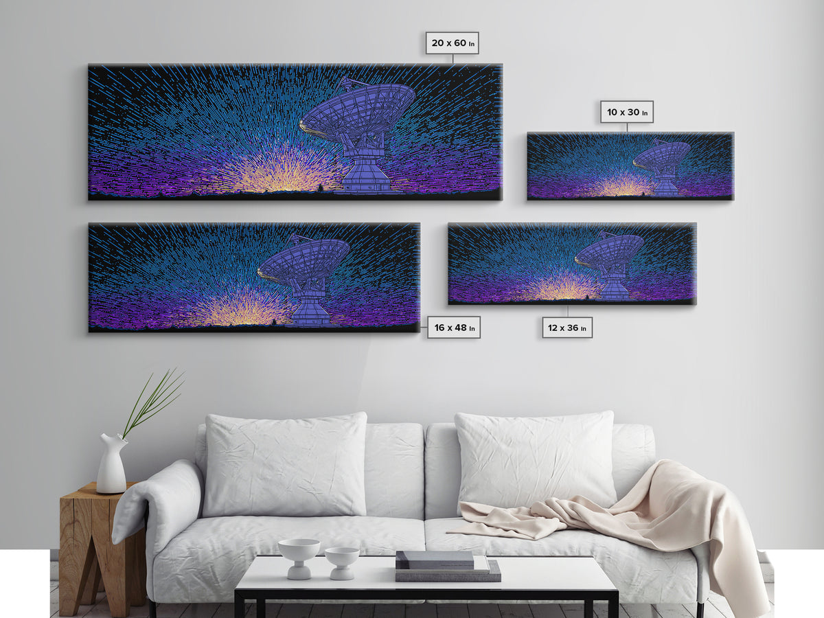 Blue Radio Telescope Starburst Wall Art, Retro Sci Fi Observatory Poster, Mid Century Modern Space Decor, Panoramic Canvas Print