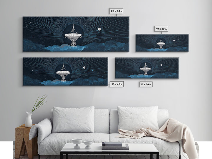 White Radio Telescope Moonlit Wall Art, Retro Sci Fi Observatory Print, Mid Century Modern Space Poster, Blue Panoramic Decor