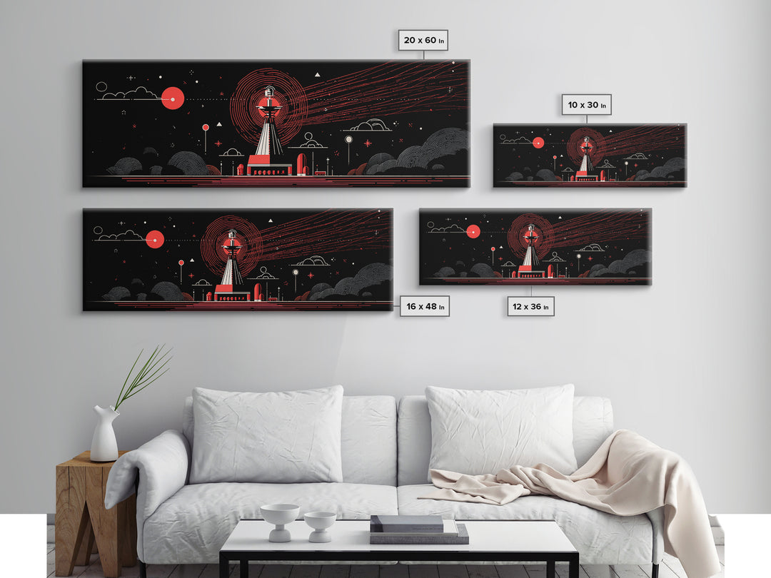 Red Observatory Beacon Wall Art, Retro Sci Fi Space Poster, Mid Century Modern Atomic Radio Telescope Panoramic Canvas Print