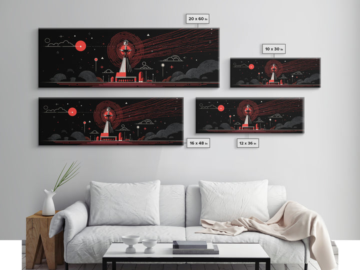Red Observatory Beacon Wall Art, Retro Sci Fi Space Poster, Mid Century Modern Atomic Radio Telescope Panoramic Canvas Print