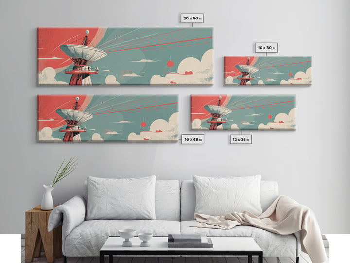Coral Satellite Dish Sky Wall Art, Retro Sci Fi Observatory Poster, Mid Century Modern Atomic Space Decor, Panoramic Canvas Print