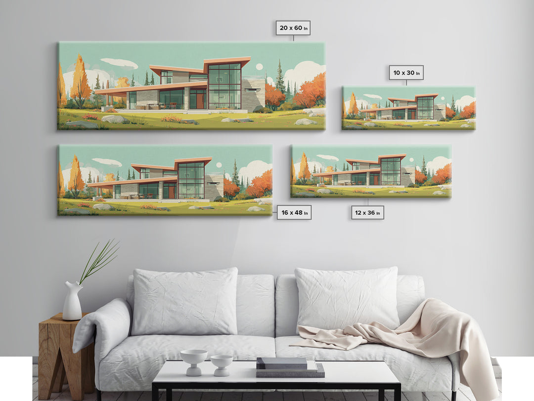 Autumn Glass Modern House Wall Art, Mid Century Modern Architecture Poster, Scandinavian Home Decor, Landscape Framed Canvas Print