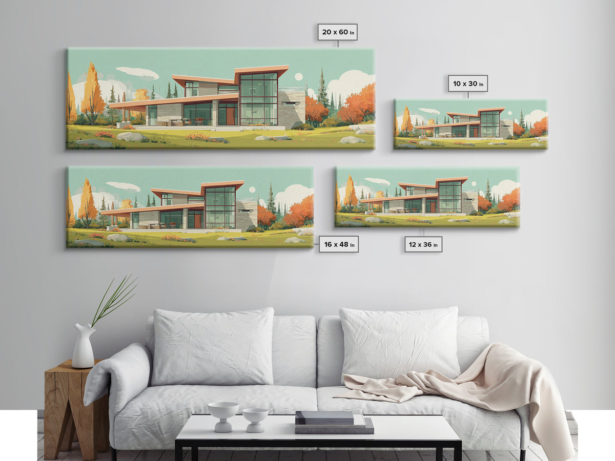 Autumn Glass Modern House Wall Art, Mid Century Modern Architecture Poster, Scandinavian Home Decor, Landscape Framed Canvas Print