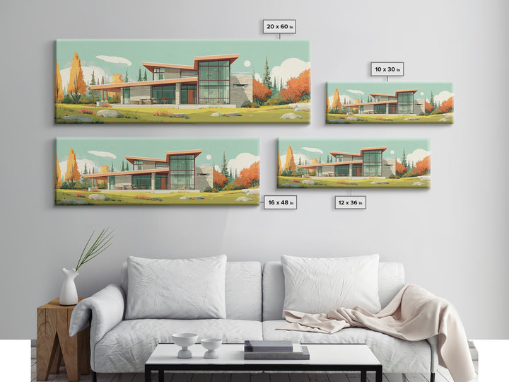 Autumn Glass Modern House Wall Art, Mid Century Modern Architecture Poster, Scandinavian Home Decor, Landscape Framed Canvas Print