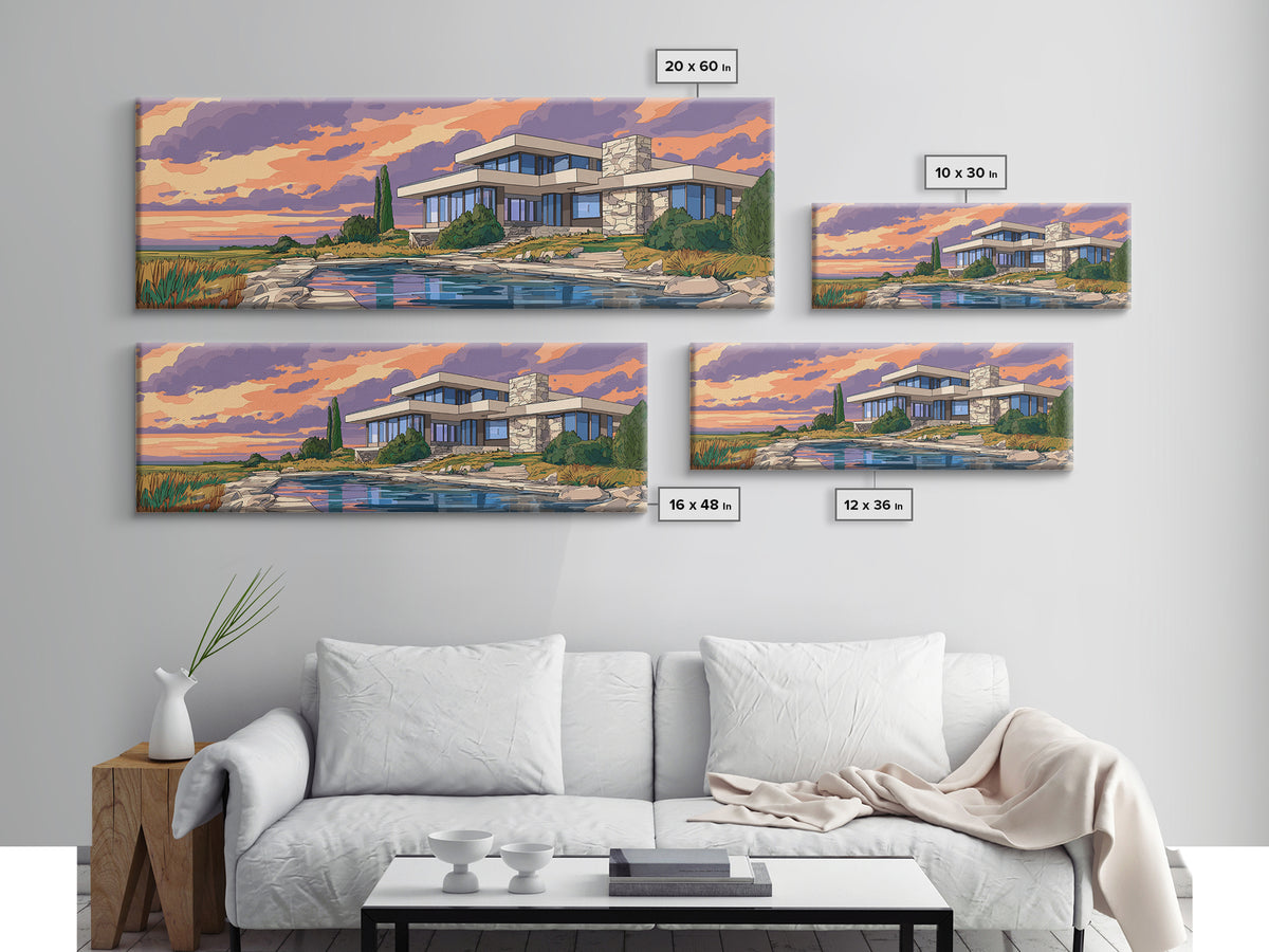 Lakeside Modernist Villa Wall Art, Sunset Mid Century Modern Architecture Poster, MCM Home Decor Scenic Framed Canvas Print