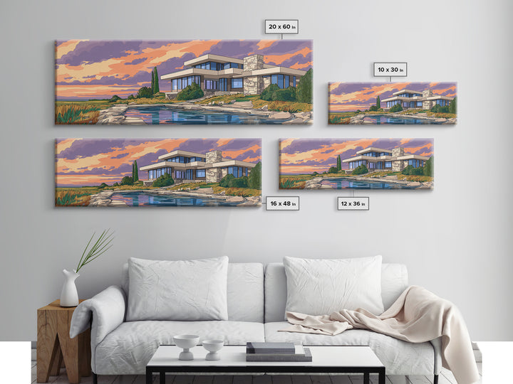Lakeside Modernist Villa Wall Art, Sunset Mid Century Modern Architecture Poster, MCM Home Decor Scenic Framed Canvas Print