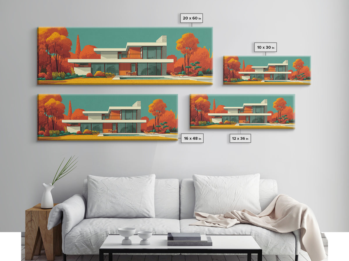 Orange Autumn Mid Century House Wall Art, Modern Architecture Poster, Retro Home Decor, Palm Springs Style Framed Canvas Print