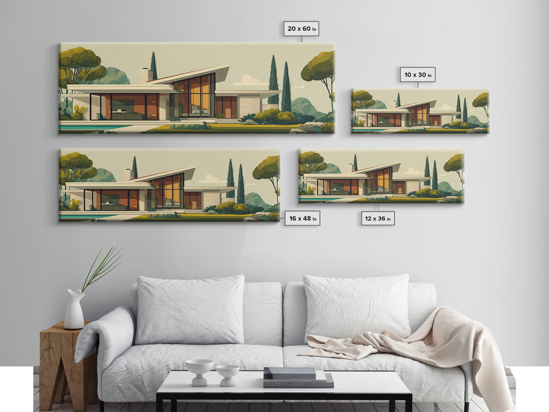 Angular Mid Century Modern House Wall Art, Retro Architecture Poster, Scandinavian Modern Home Decor Framed Canvas Print