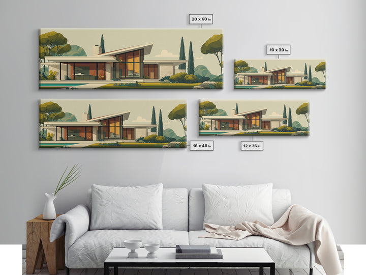 Angular Mid Century Modern House Wall Art, Retro Architecture Poster, Scandinavian Modern Home Decor Framed Canvas Print