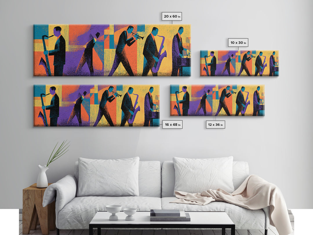 Graphic Jazz Musicians Canvas Print, Midcentury Modern Wall Art, Colorful Abstract Music Poster, Retro Home Office Decor