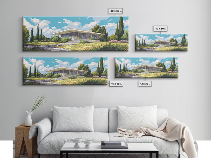 Modernist Garden Ranch House Wall Art, Mid Century Modern Architecture Poster, MCM Home Decor Landscape Framed Canvas Print
