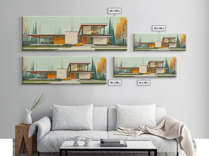 Midcentury Glass House Autumn Landscape Wall Art, Modern Architecture Print, MCM Decor, Retro Home Decor, Large Canvas Print
