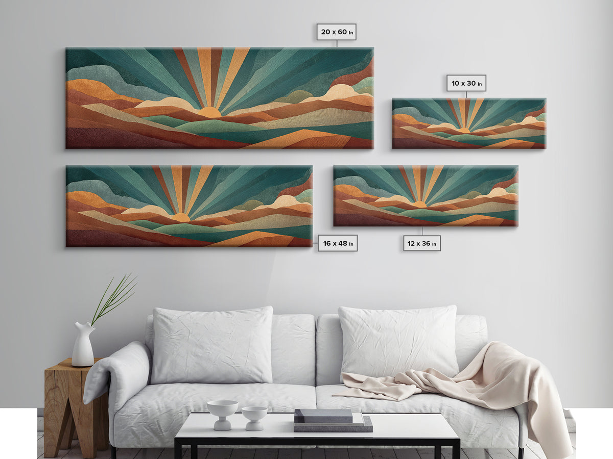 Teal And Burnt Orange Mountain Sunrise Canvas Print, Midcentury Abstract Wall Art, Modern Retro Decor, Boho Desert Poster