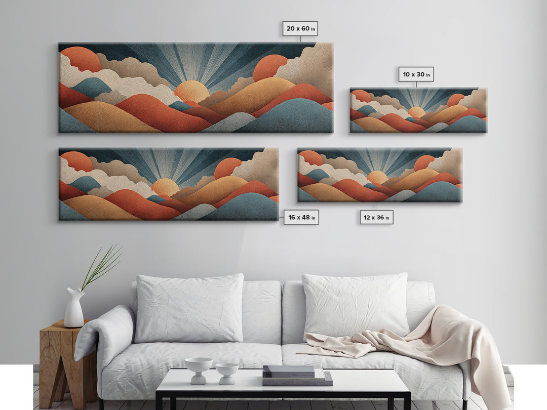 Textured Sun And Twin Clouds Over Rolling Hills Wall Art, Midcentury Modern Print, Retro Earth Tone Decor, Abstract Canvas