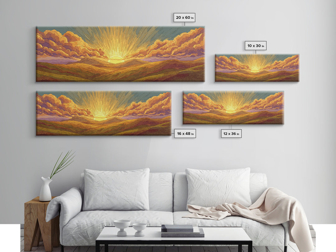 Golden Sunrise Over Desert Valley Framed Canvas Print, Retro Landscape Wall Art, Midcentury Modern Decor, Warm Boho Poster