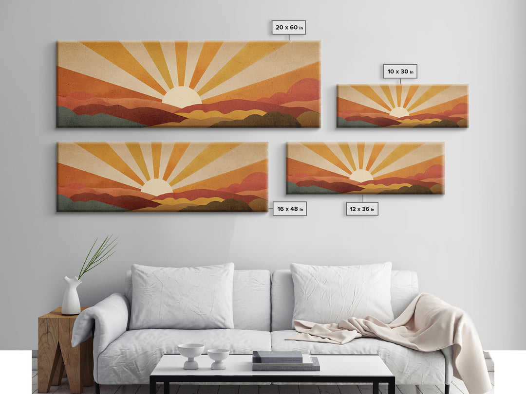Warm Orange Sun Rays Over Abstract Hills Wall Art, Midcentury Modern Print, Retro Desert Decor, Minimalist Canvas Poster