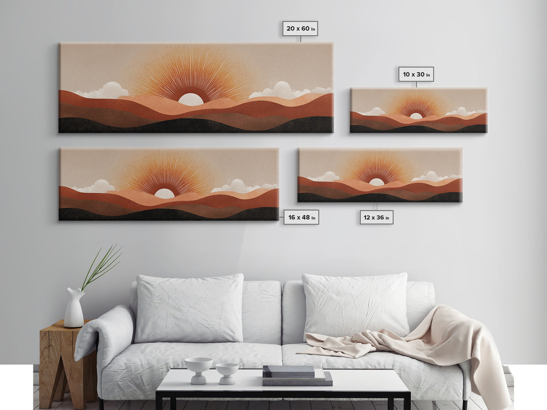 Minimalist Half Sun Over Layered Desert Hills Canvas Print, Midcentury Wall Art, Neutral Retro Decor, Boho Abstract Poster