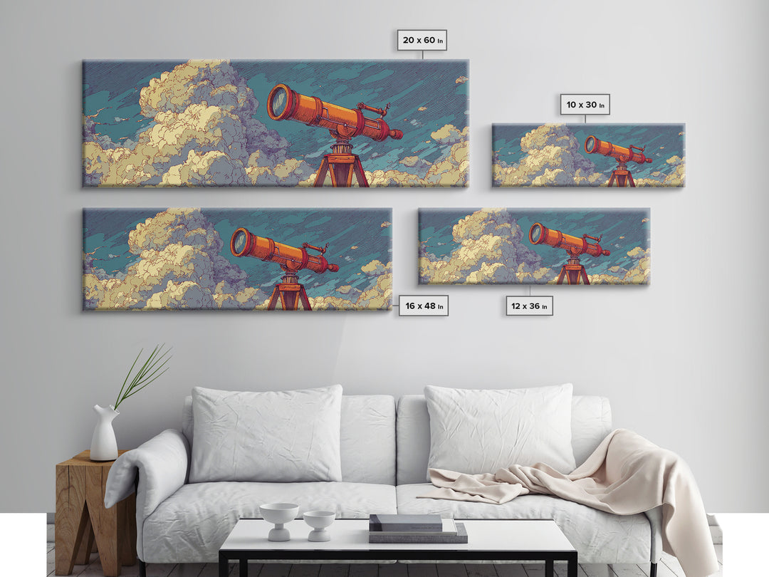 Orange Telescope In Clouds Wall Art, Retro Astronomy Poster, Midcentury Modern Art, Space Abstract Art, Office Decor, MCM Print