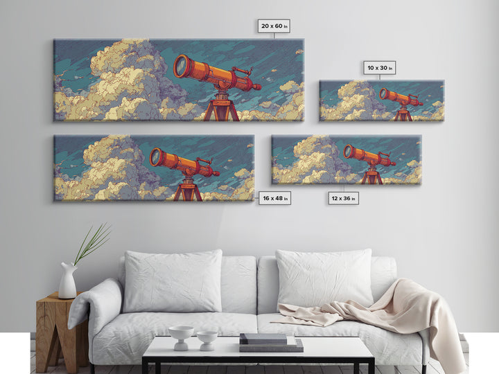 Orange Telescope In Clouds Wall Art, Retro Astronomy Poster, Midcentury Modern Art, Space Abstract Art, Office Decor, MCM Print