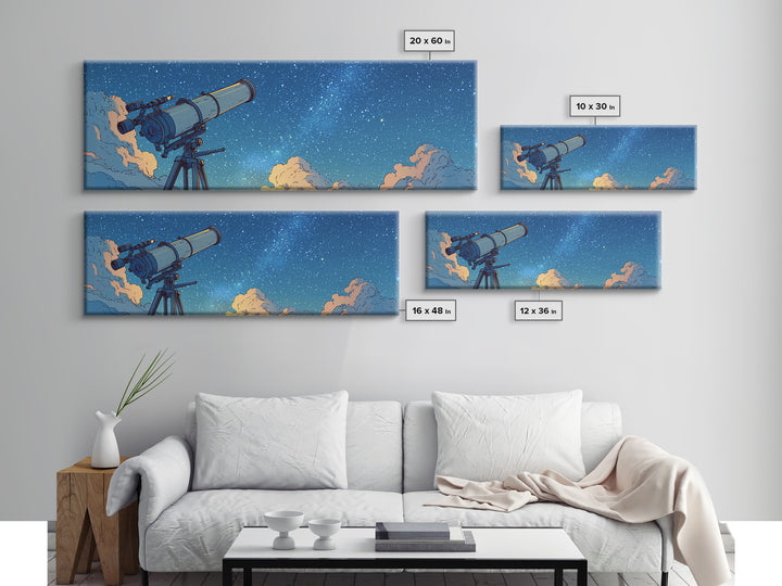 Blue Night Telescope And Stars Canvas Print, Retro Space Poster, Midcentury Wall Art, Astronomy Decor, Modern Art Print, MCM