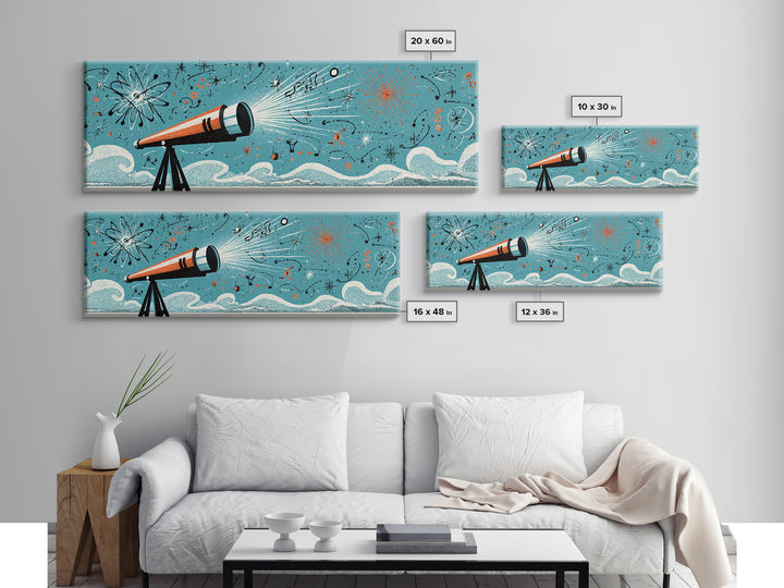 Retro Telescope Beam With Atomic Doodles Wall Art, Midcentury Modern Art, Space Poster, Geometric Wall Decor, Colorful MCM Print