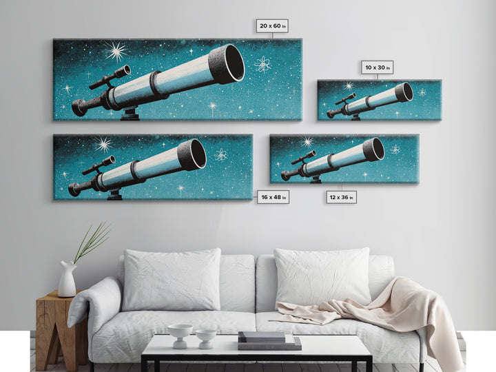 Close Up Blue Telescope Framed Canvas Print, Retro Astronomy Wall Art, Midcentury Modern Decor, Starry Space Poster, Office Art
