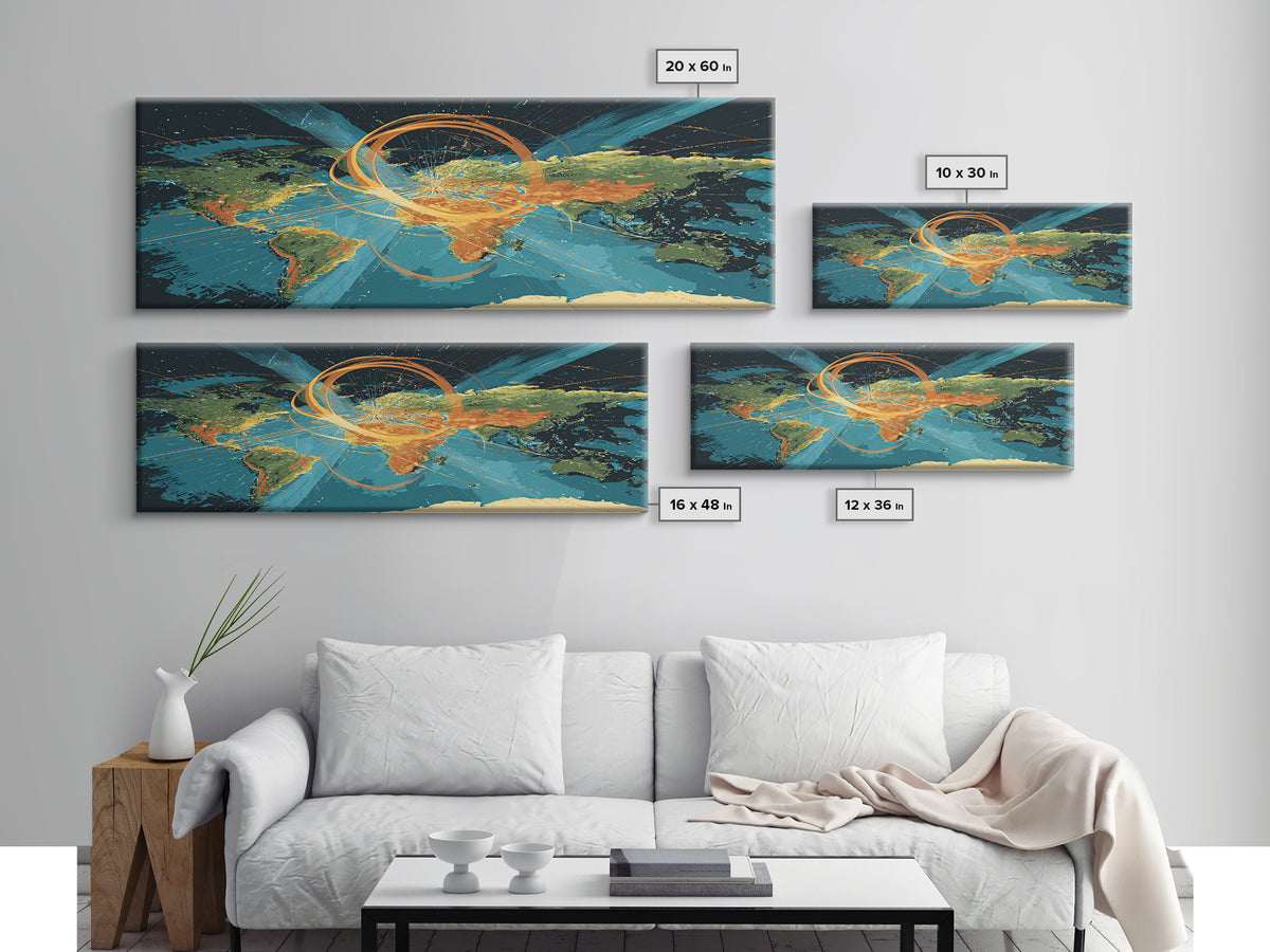 World Map With Orbital Energy Rings Framed Canvas Print, Retro Futurist Wall Art, Modern Abstract Art, Office Decor, MCM