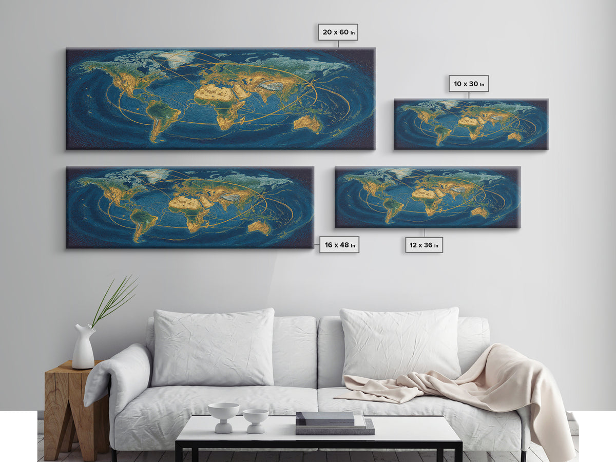Golden World Map With Orbital Routes Wall Art, Panoramic Modern Art Print, Travel Wall Decor, Office Decor, Blue Gold Poster