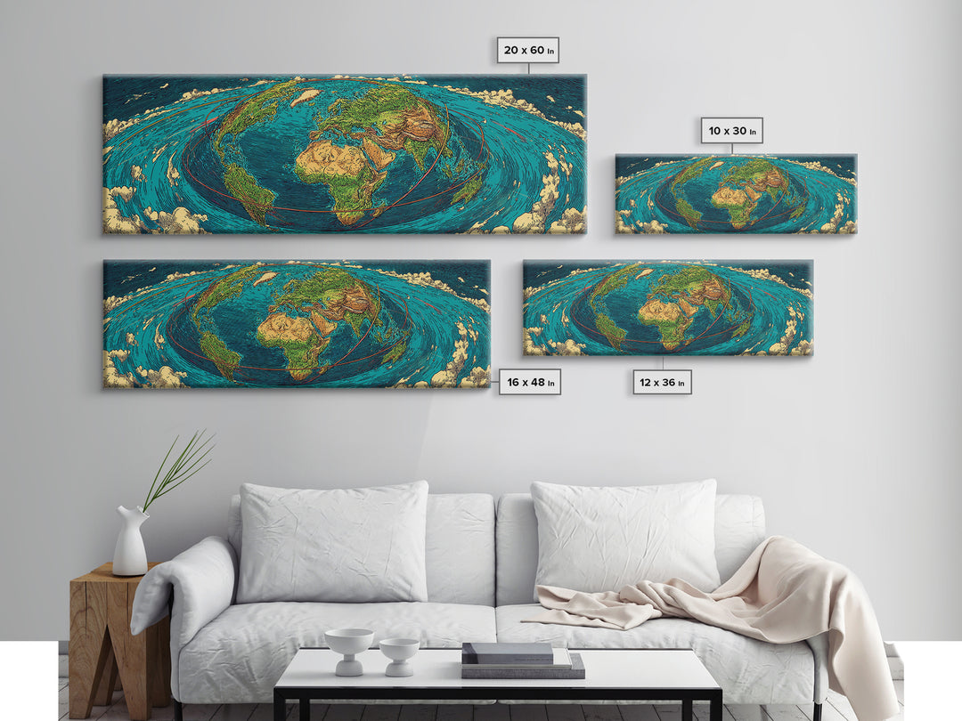 Turquoise Fisheye World Map Canvas Print, Panoramic Travel Wall Art, Modern Home Decor, Office Poster, Blue Green Artwork