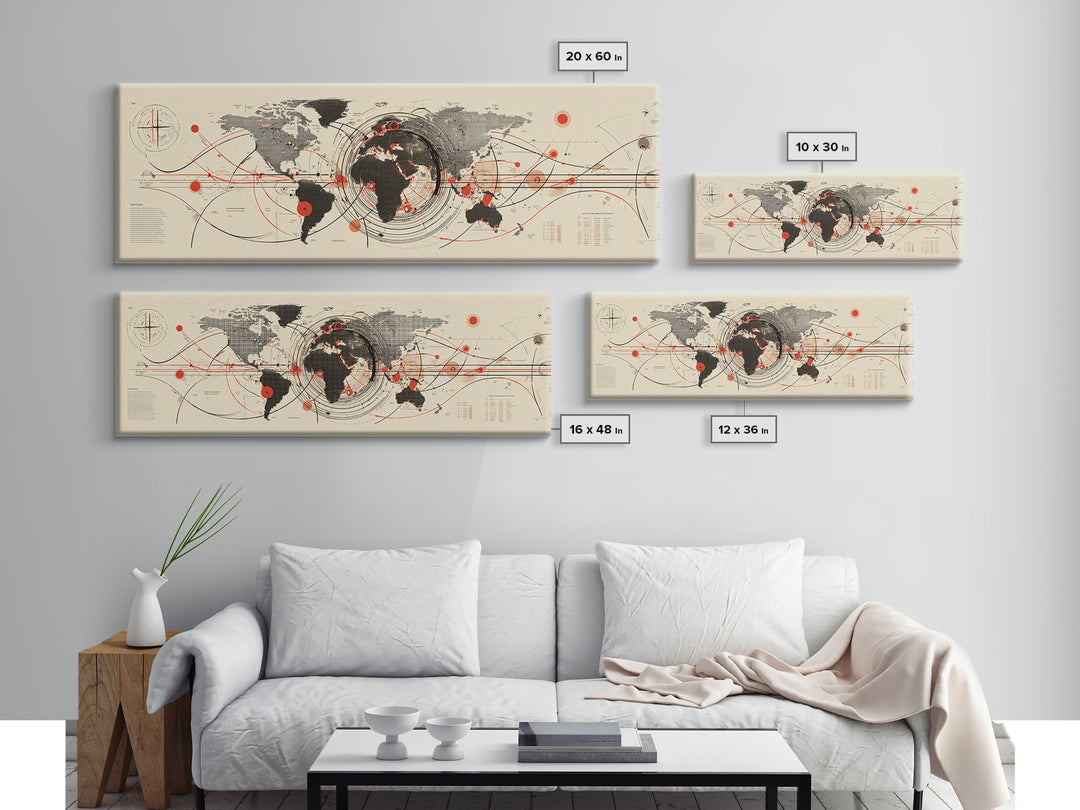 Abstract World Map With Red Orbit Lines Wall Art, Midcentury Modern Art Print, Office Decor, Home Decor, Geometric Travel Poster