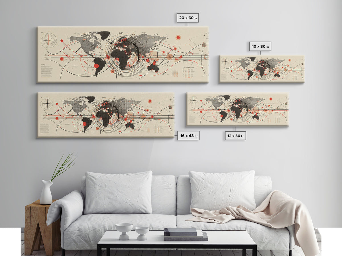Abstract World Map With Red Orbit Lines Wall Art, Midcentury Modern Art Print, Office Decor, Home Decor, Geometric Travel Poster