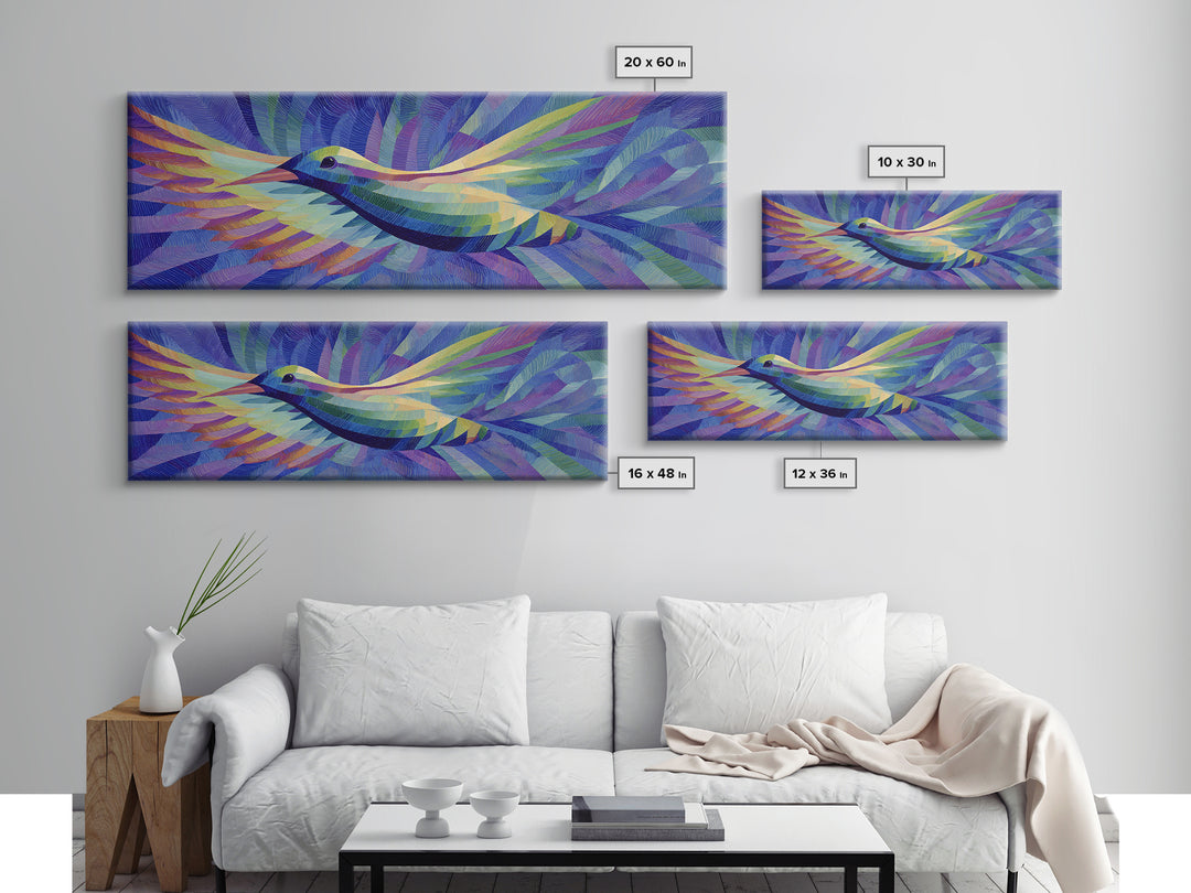Blue Purple Hummingbird In Flight Canvas Print, Colorful Modern Wall Art, Midcentury Bird Poster, Vibrant Bedroom Decor Print