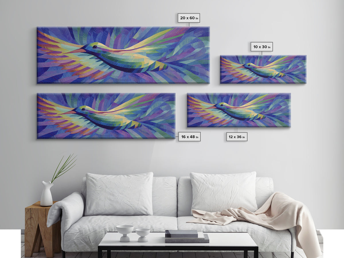 Blue Purple Hummingbird In Flight Canvas Print, Colorful Modern Wall Art, Midcentury Bird Poster, Vibrant Bedroom Decor Print