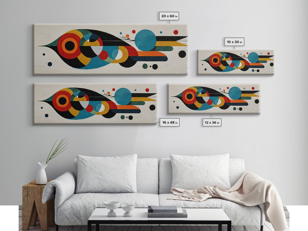 Midcentury Abstract Bird With Circles Wall Art, Geometric Canvas Print, Colorful MCM Decor, Modern Living Room Poster Art Print