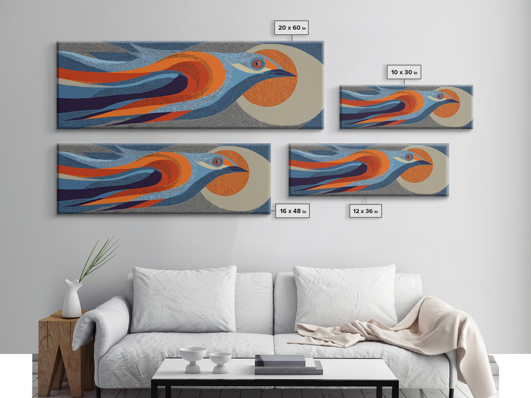 Orange Blue Streamline Bird Canvas Print, Retro Midcentury Wall Art, Geometric Wildlife Poster, Modern Home Decor For Living Room