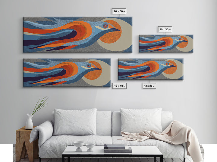 Orange Blue Streamline Bird Canvas Print, Retro Midcentury Wall Art, Geometric Wildlife Poster, Modern Home Decor For Living Room